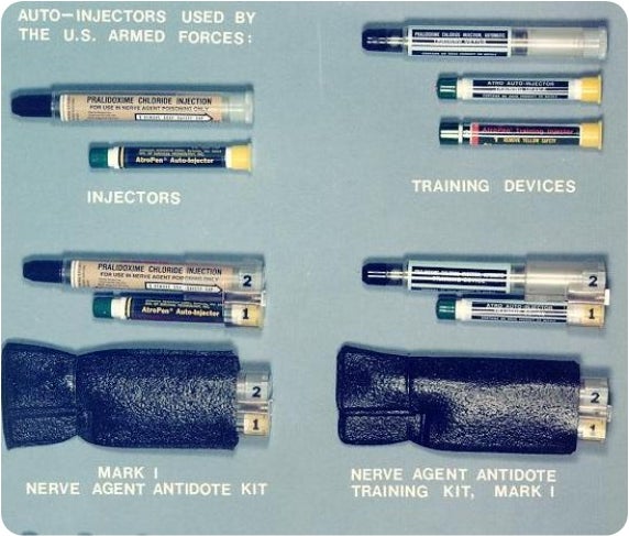 MARK I nerve agent antidote kit. The kit contains two autoinjectors filled with different kinds of nerve agent antidotes7.