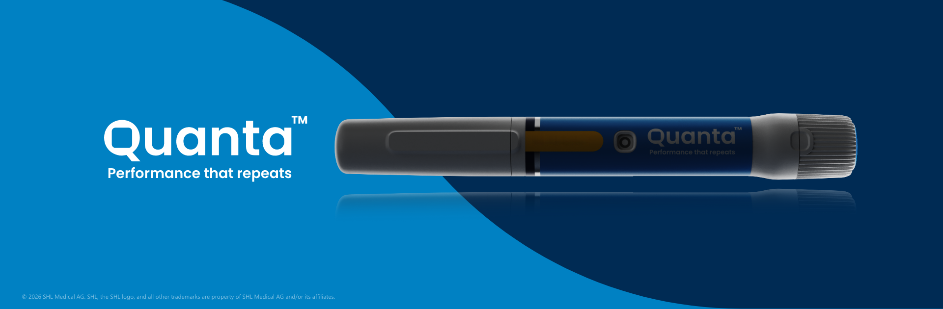 [.png] A pen injector device against a blue background. The device is Quanta, SHL Medical’s latest device offering that supports cardiometabolic therapies.