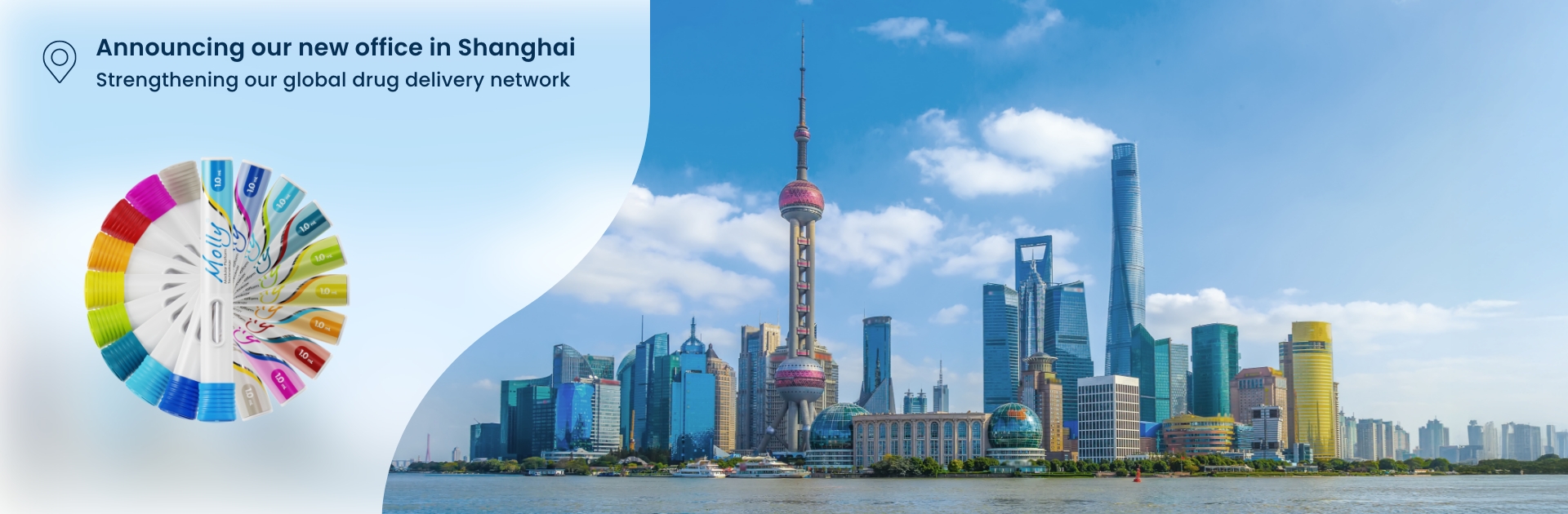 SHL Medical announces new Shanghai office to strengthen global presence in self-injection solutions, displaying a skyline view of Shanghai and SHL Medical's own autoinjector