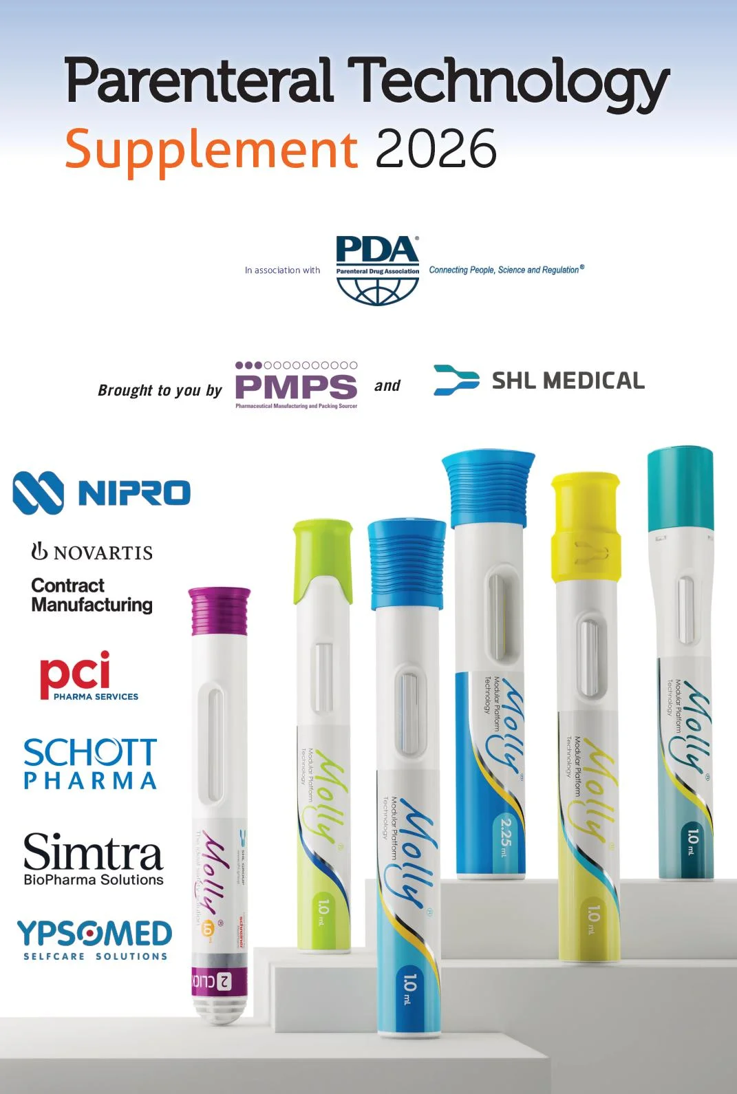 Parenteral Technology Supplement 2026 cover featuring SHL Medical’s Molly autoinjector platform, including Molly 1.0 and Molly 2.25 devices.
