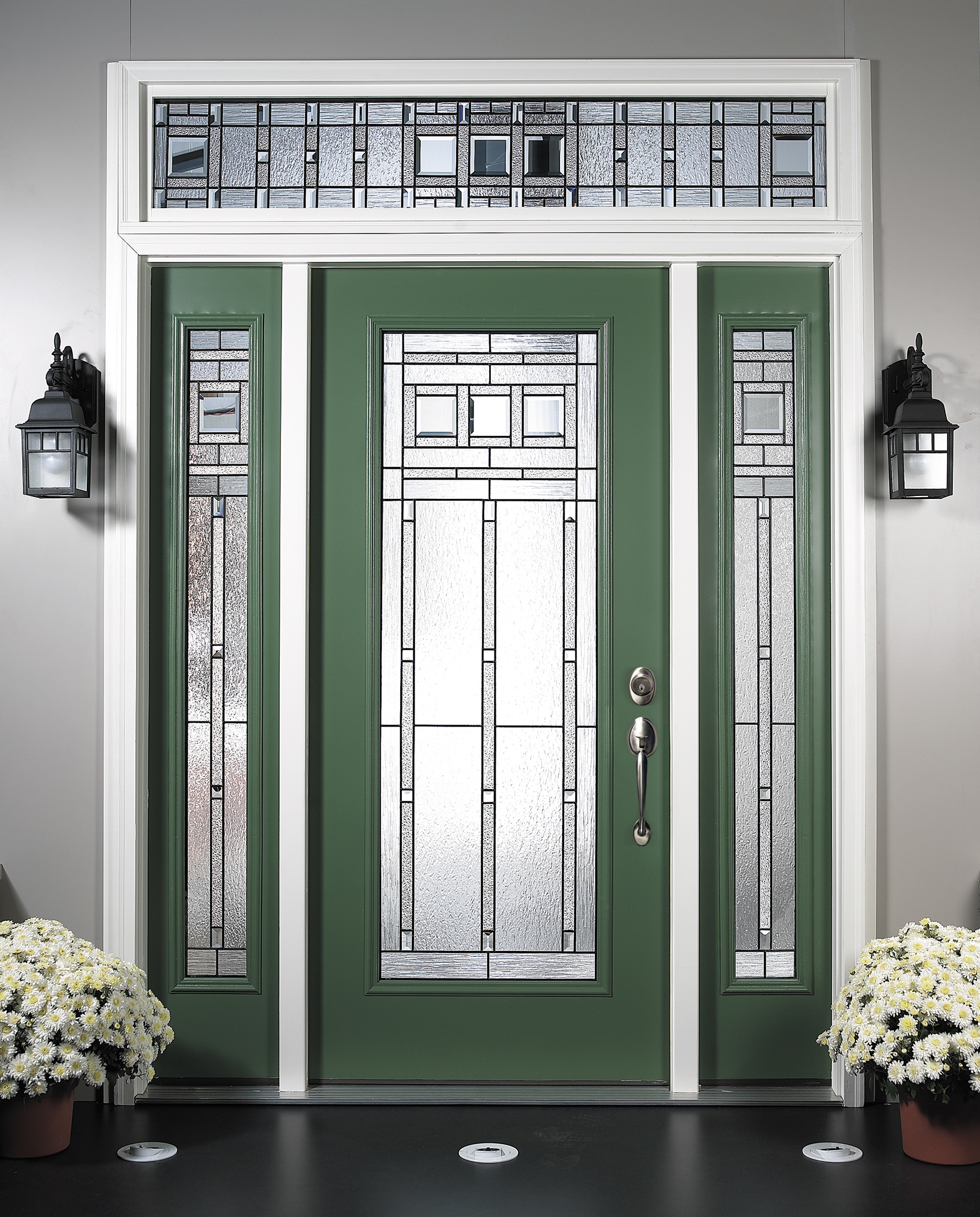 full lite smooth entry door and full sidelites in pine with matching vintage craftsman glass