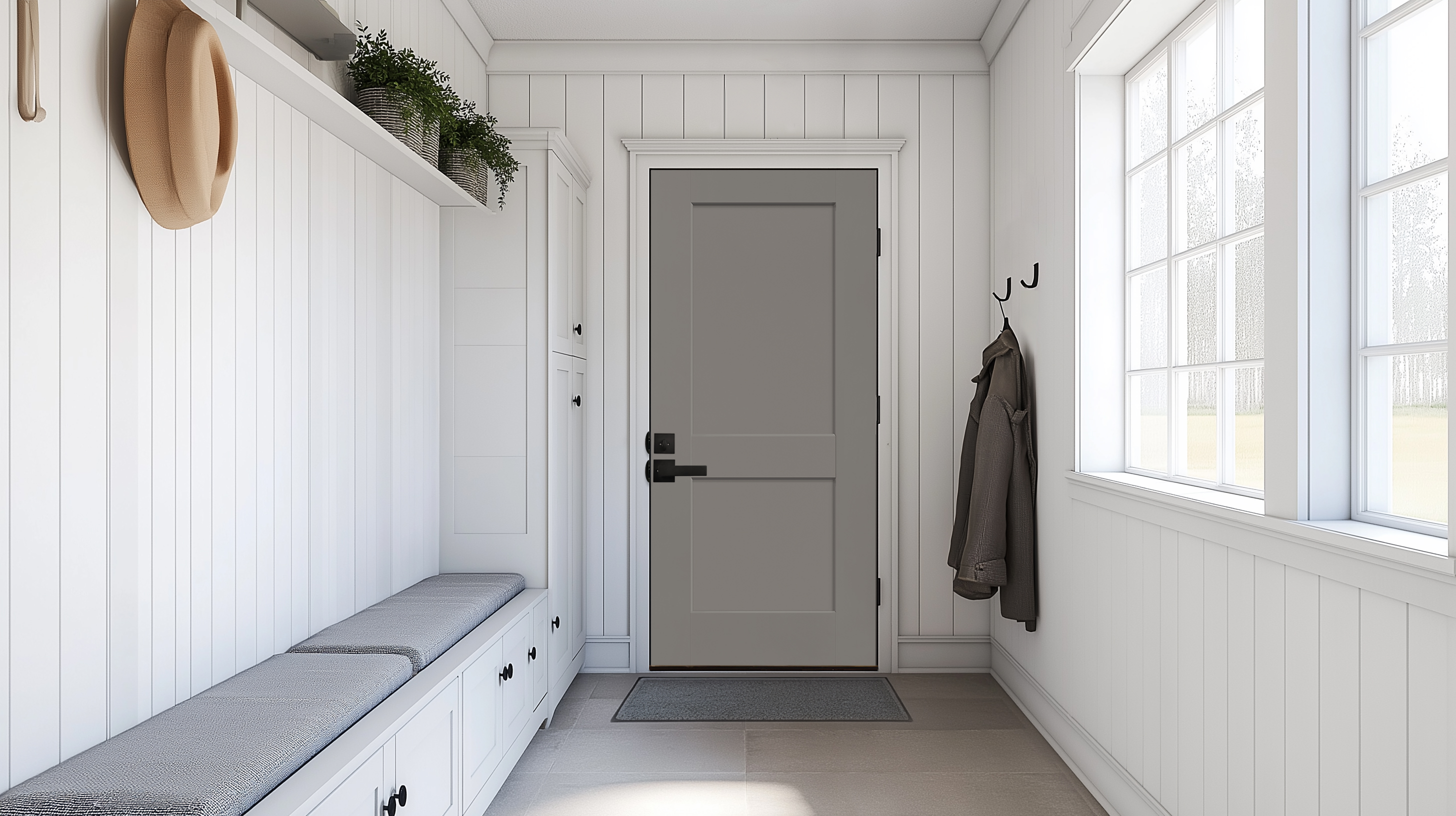 Brushed smooth fiberglass entry door, in a 2-Panel Flat Shaker style, prefinished in the color horizon gray