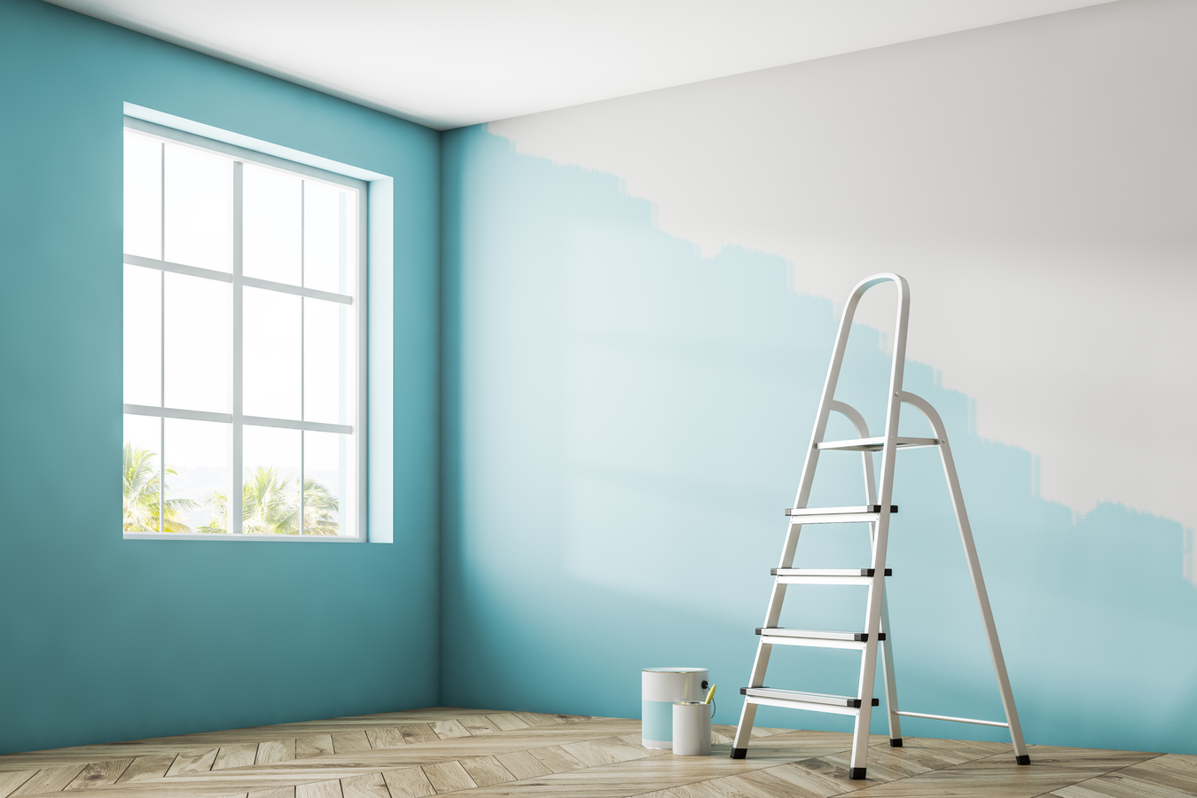 ladder in a room that is being painted light blue ladder in a room that is being painted light blue