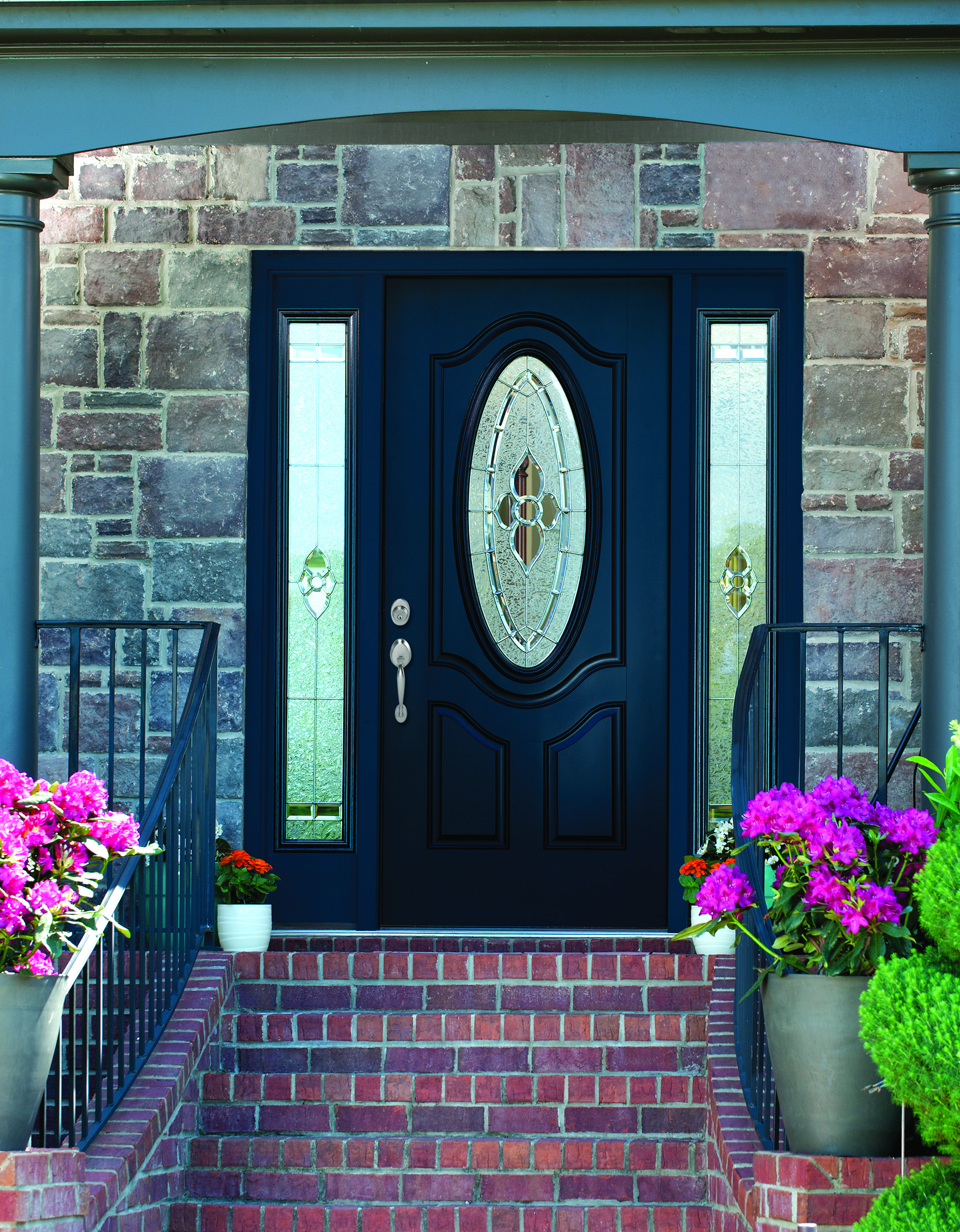 2 panel 3/4 oval deluxe woodgrain entry door in mahogany and full sidelites with nouveau glass in enzian blue
