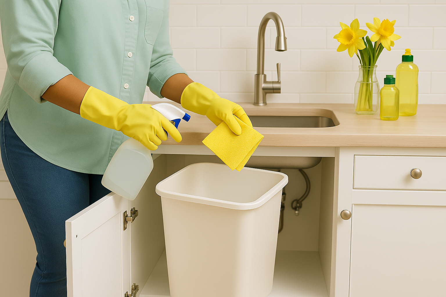 Woman cleans trash bin