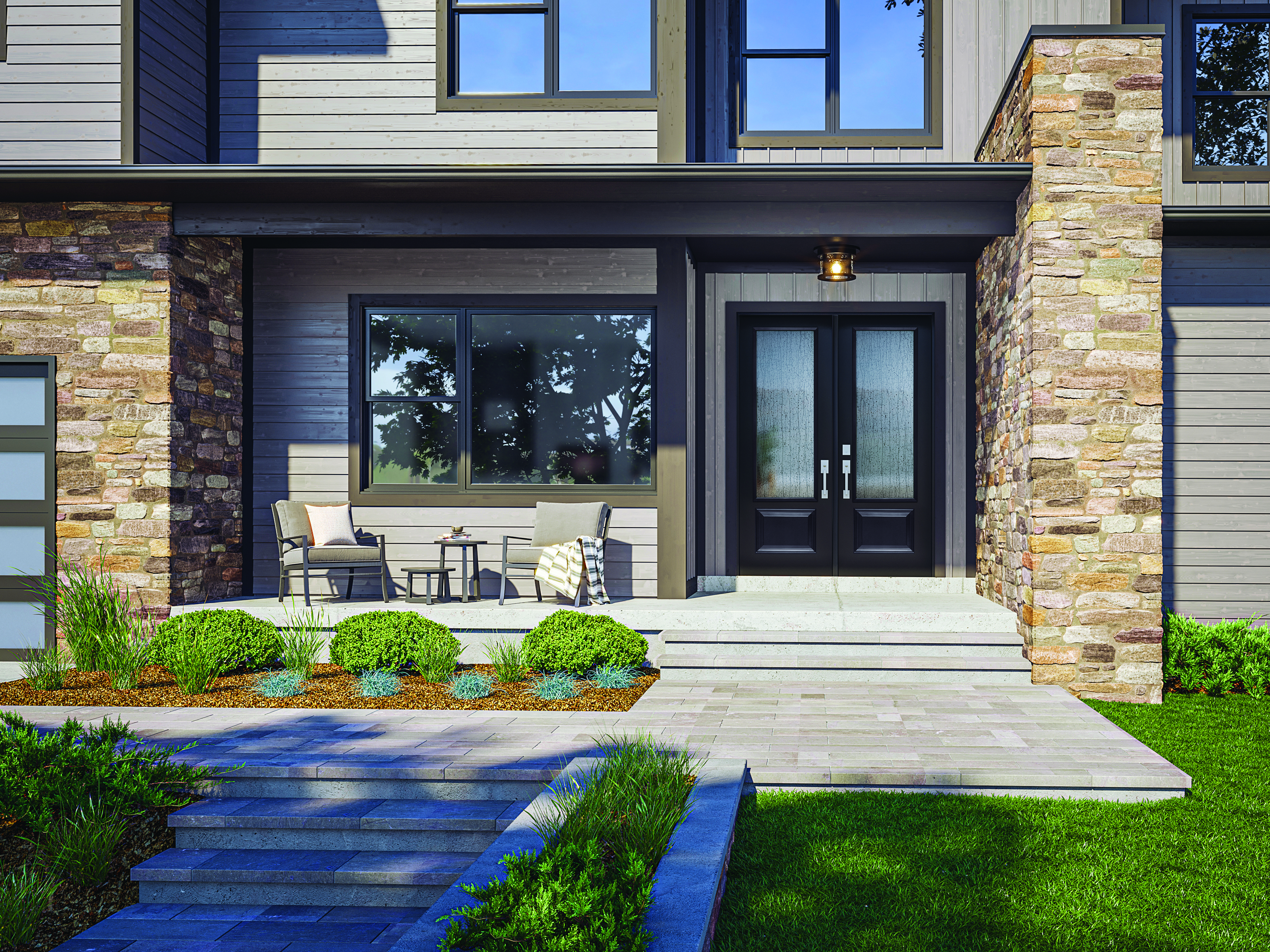  Midcentury-style home with a smooth steel door, with a 3/4 Lite, 1-Panel door style and Mistify glass, prefinished in Symphony – 176, with Century Handleset hardware in Bright Chrome.