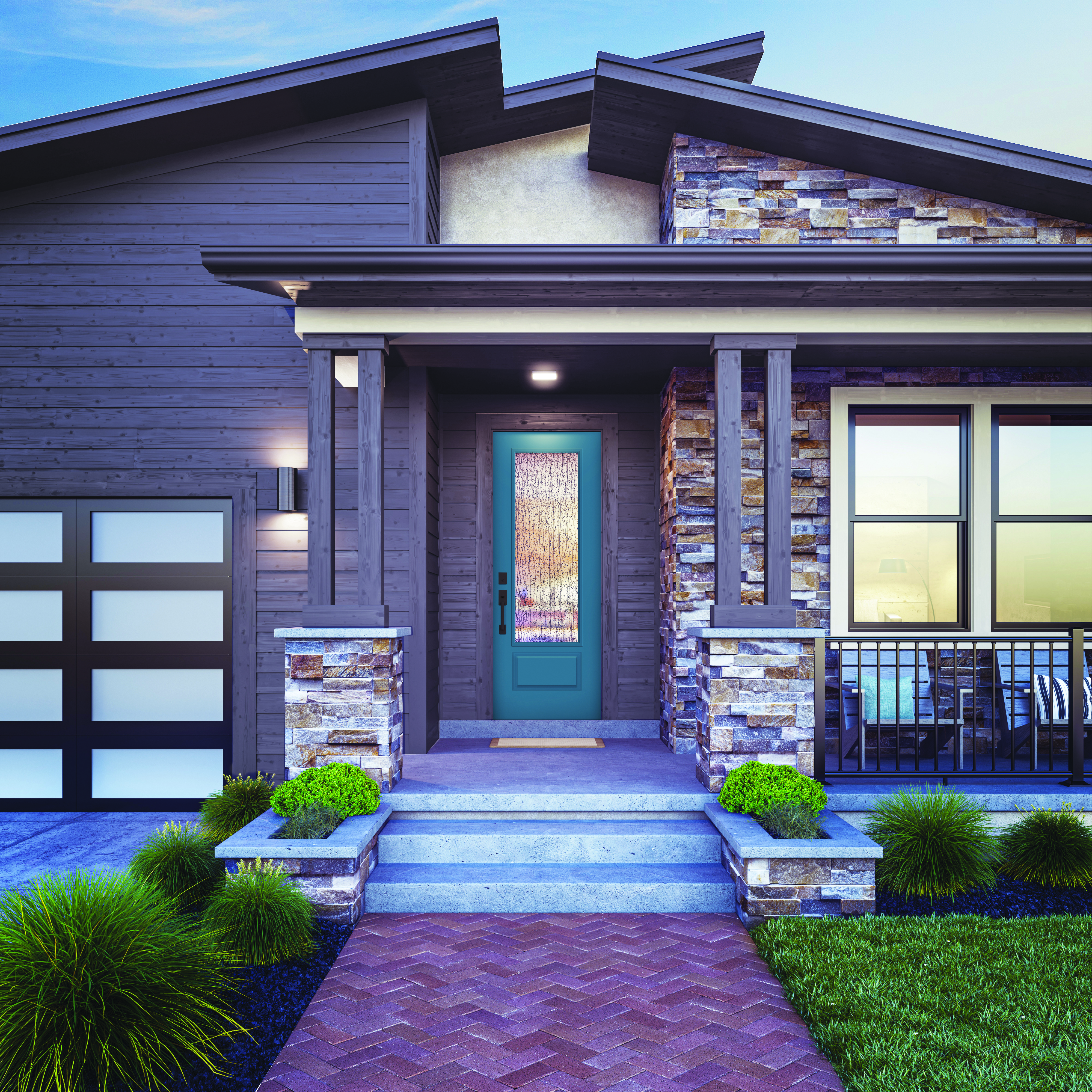 Modern home with a 3/4 lite, 1-panel door style and mistify glass, prefinished in custom color, with a handleset in matte black