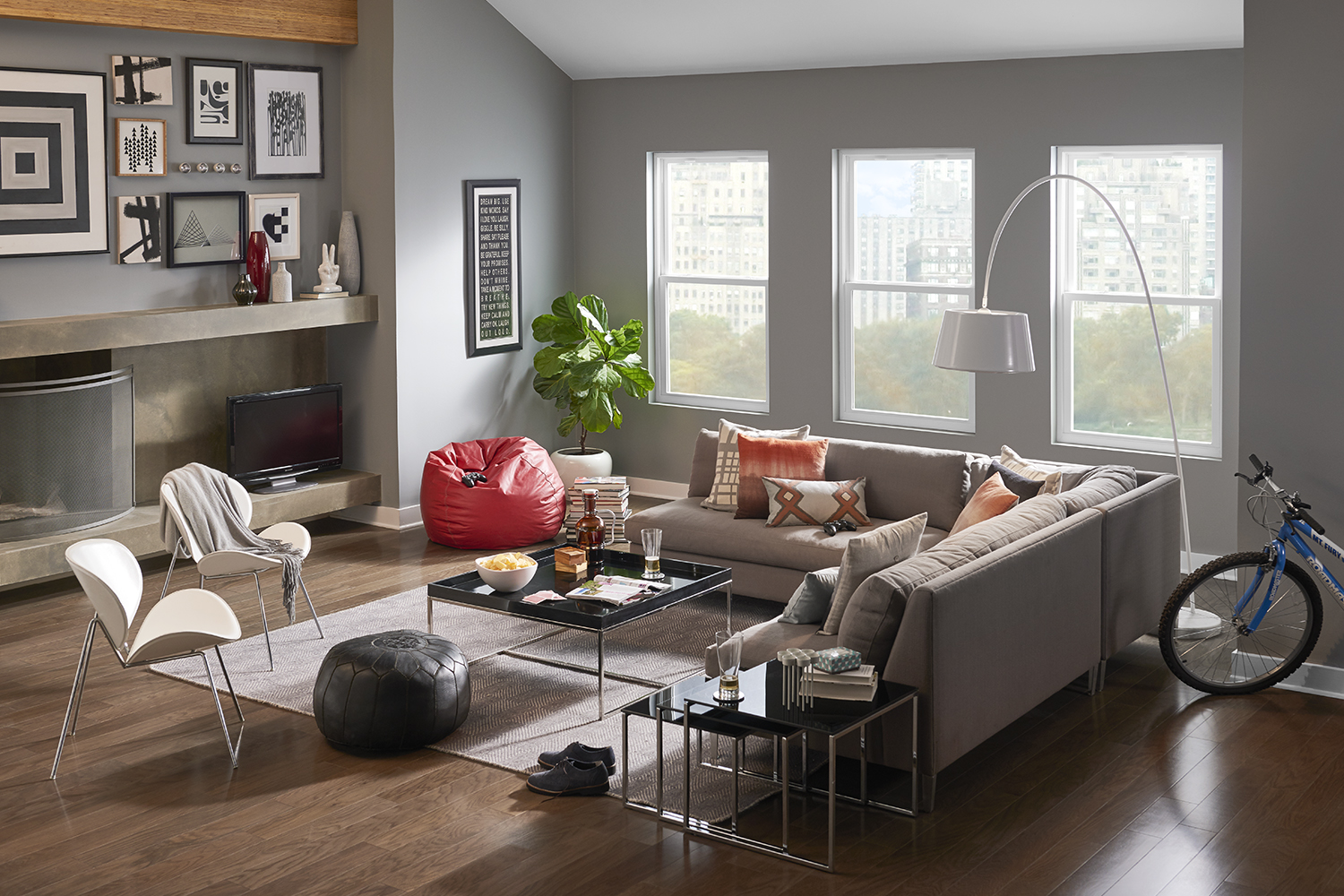 White new construction windows in the living room of an apartment