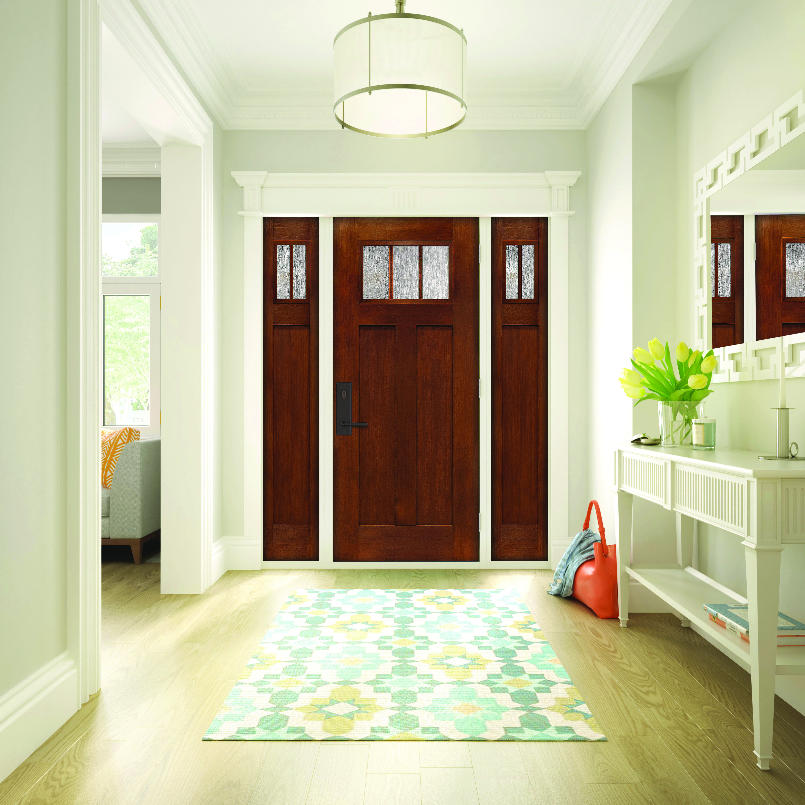 Premium Textured Fiberglass door in Fir, with a Balwin handleset in venetian bronze