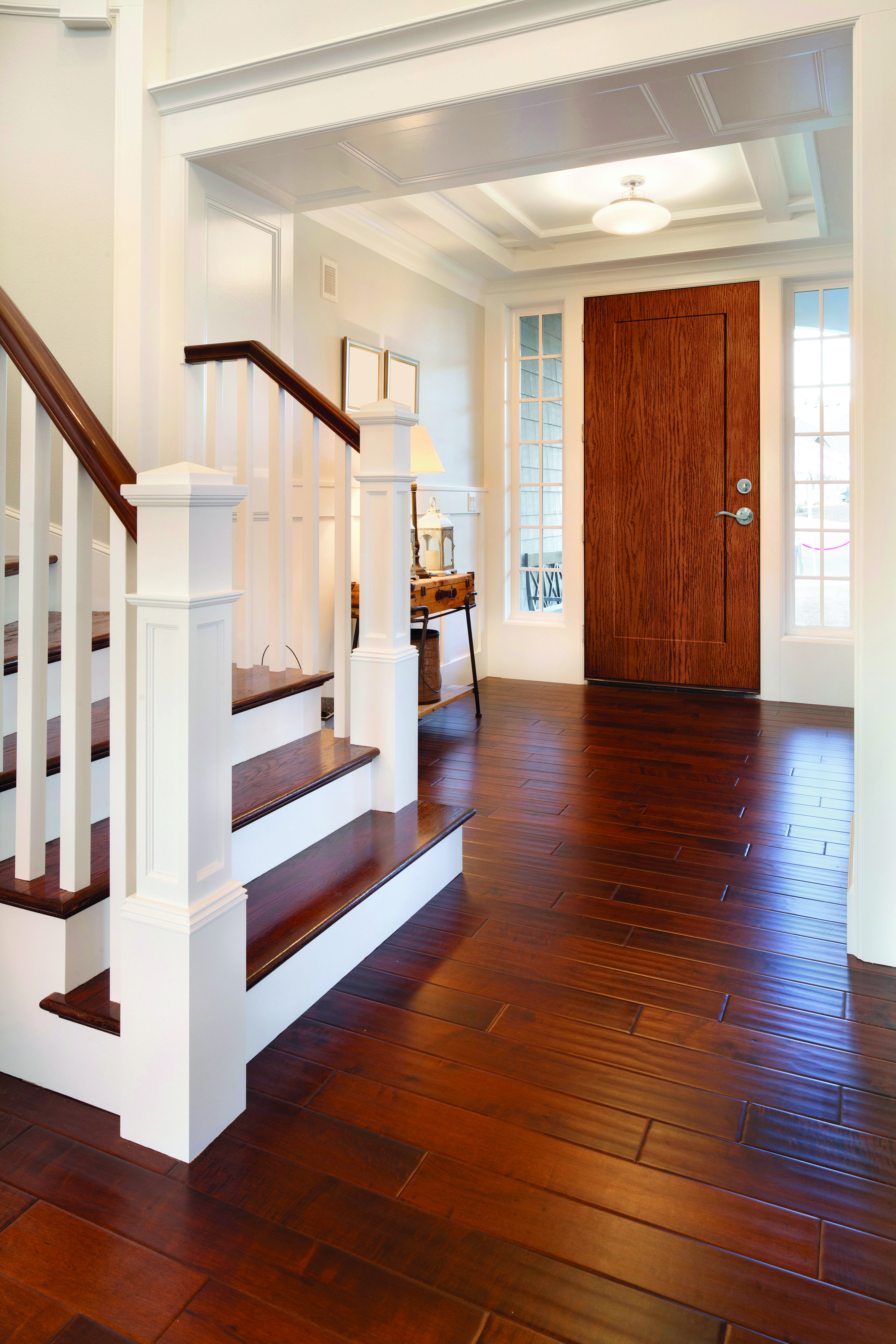 Textured Steel Entry Door, with a 1-Panel Flat Shaker door style, with Flair Lever hardware in Satin Nickel.