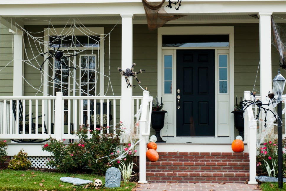 A porch with Halloween decorations