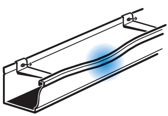 Gutter cutout with too few hangers that shows a weak spot in between the 2 hangers