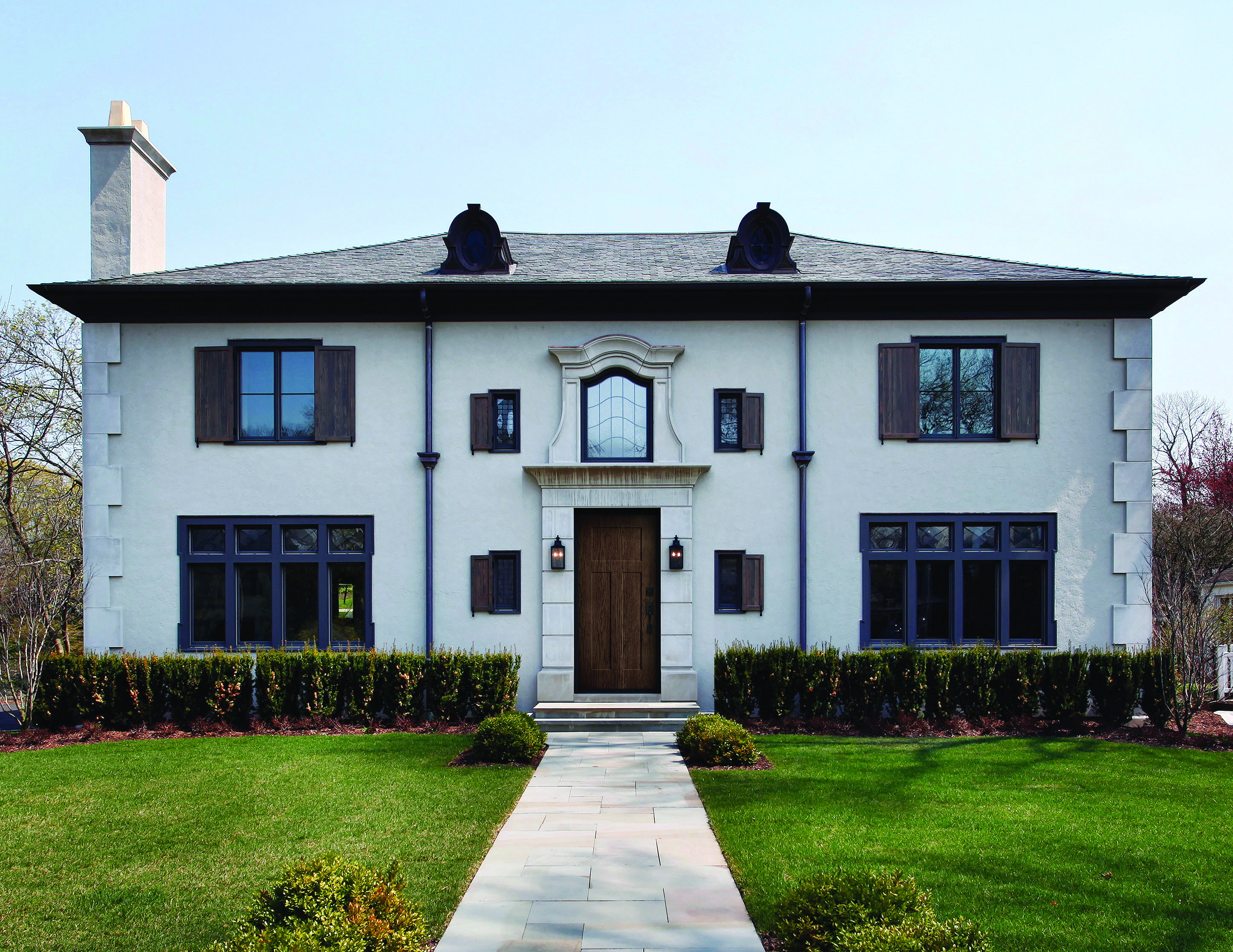 Textured Steel Entry Door, in a 3-Panel Flat Shaker door style in Dark Walnut with a Schlage handleset in Matte Black.