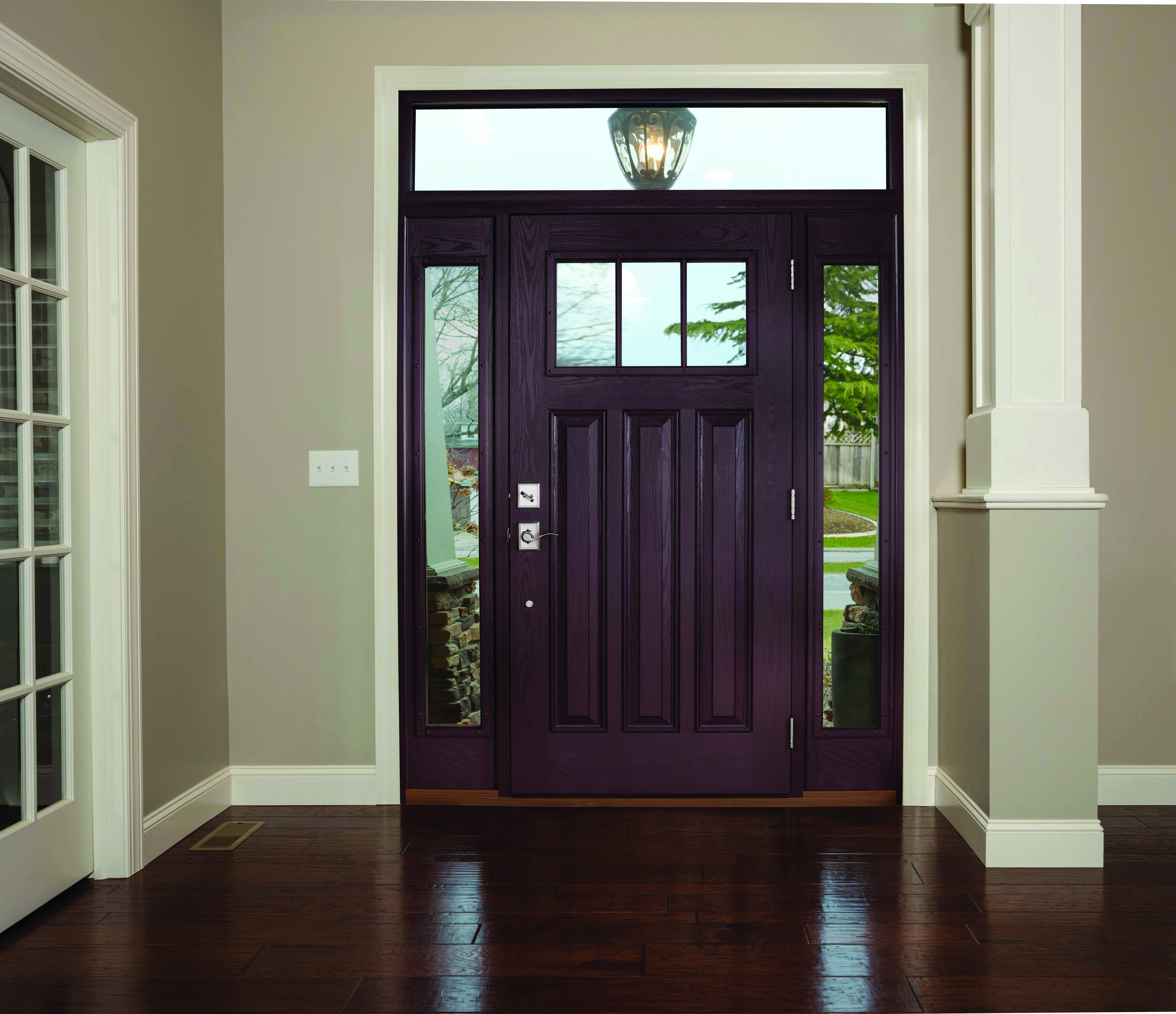 3 panels craftsman woodgrain entry door in oak grain and mahogany stain with full sidelites