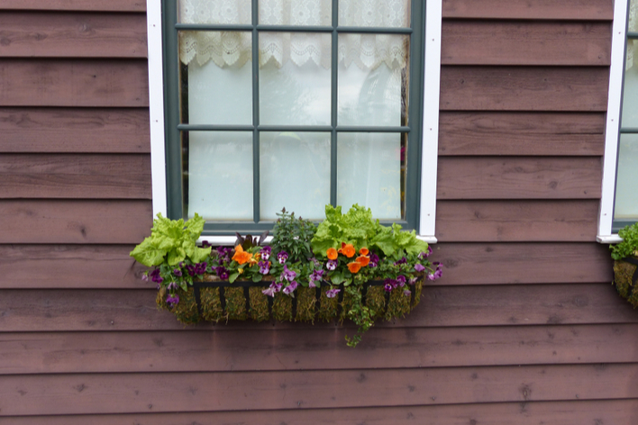 Ornamental window boxes on wooden house siding