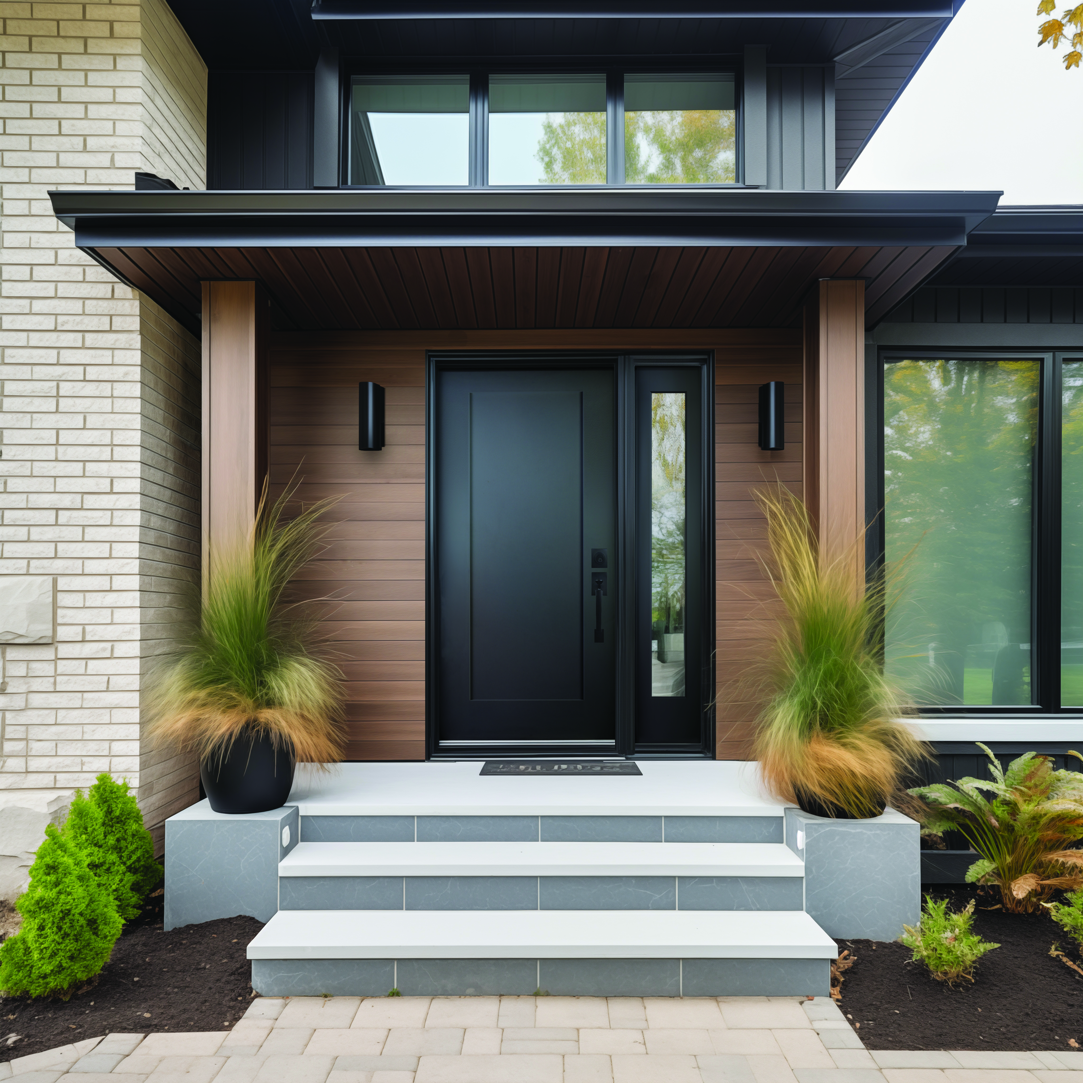 Black Brushed smooth fiberglass entry door, in a 1-panel flat shaker style