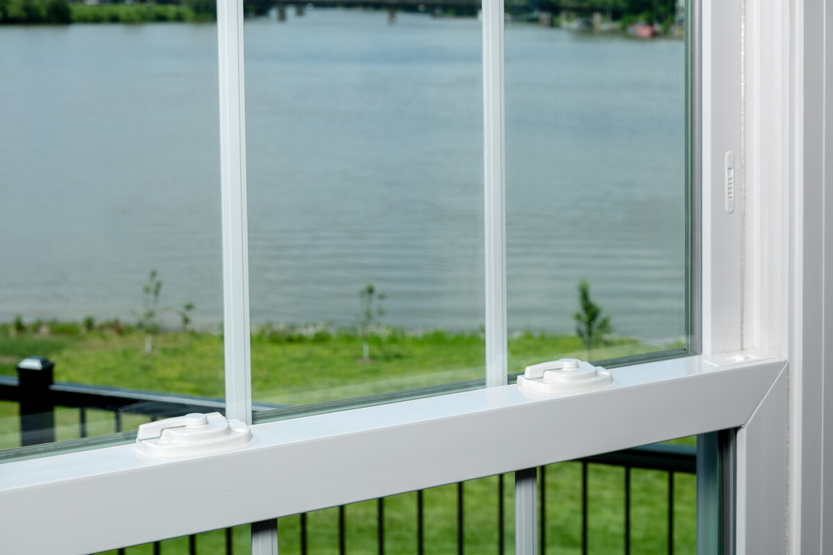 Close-up of impact double hung window sash and frame detail