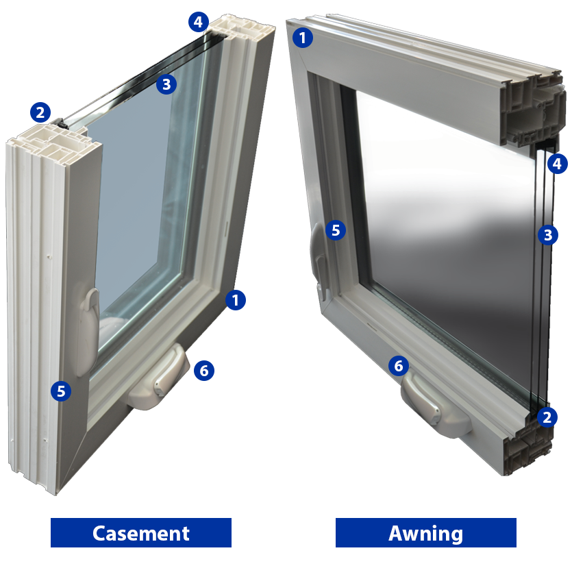 Two cutouts of a triple-pane casement and awning window