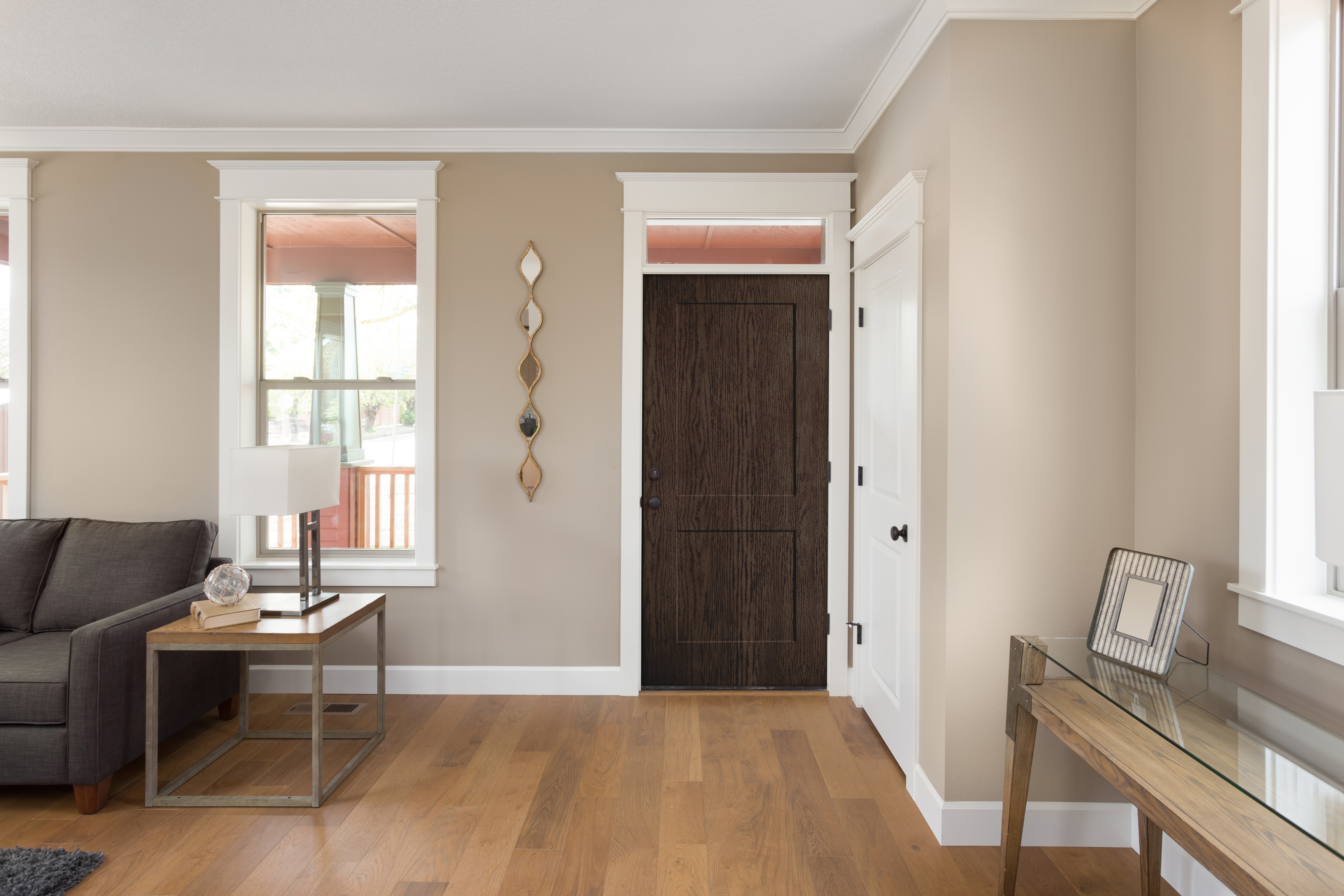Textured Steel Entry Door, with a 2-Panel Flat Shaker door style, and Plymouth Knob hardware in Matte Black.