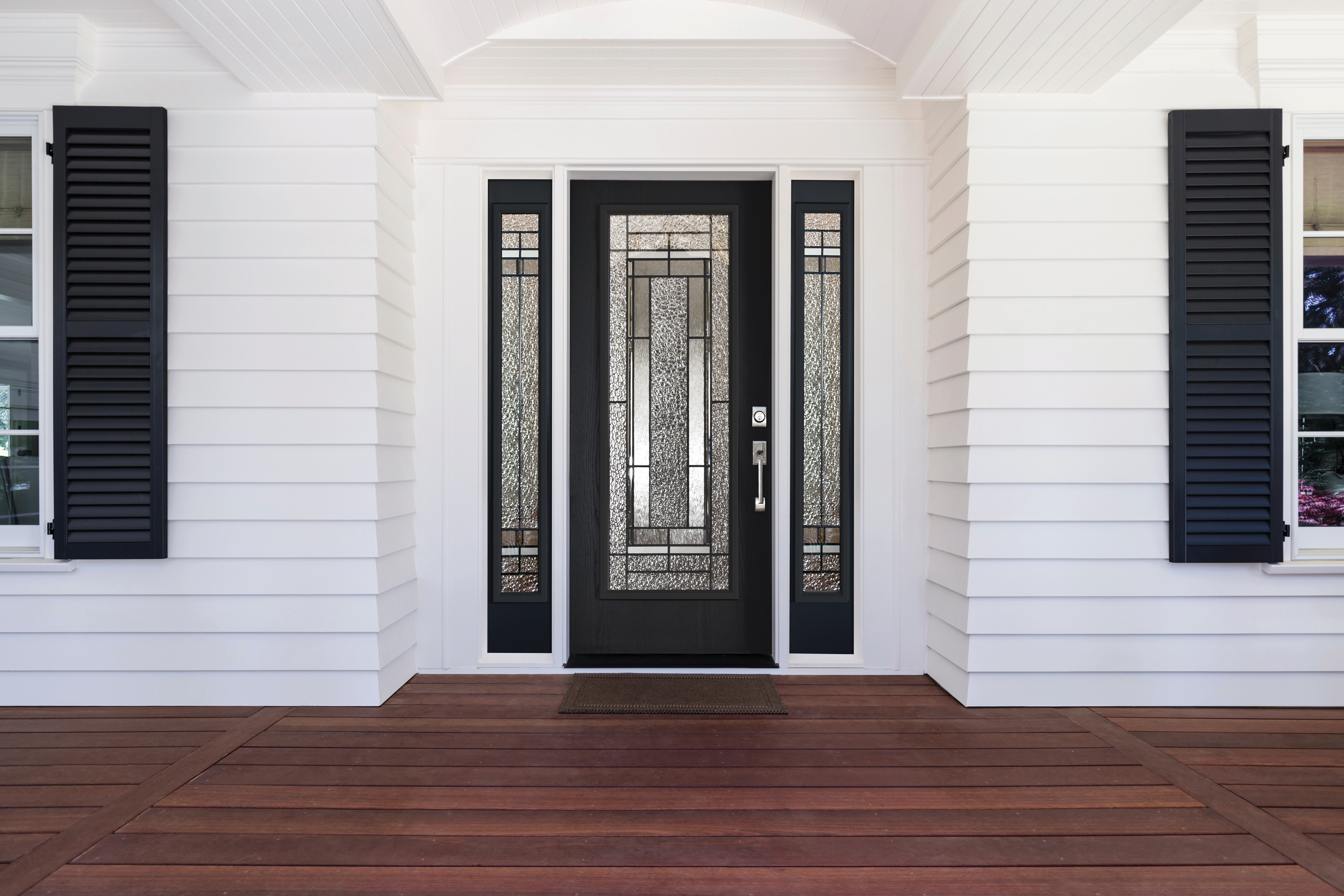 full lite woodgrain entry door in black with pembrook glass and full sidelites