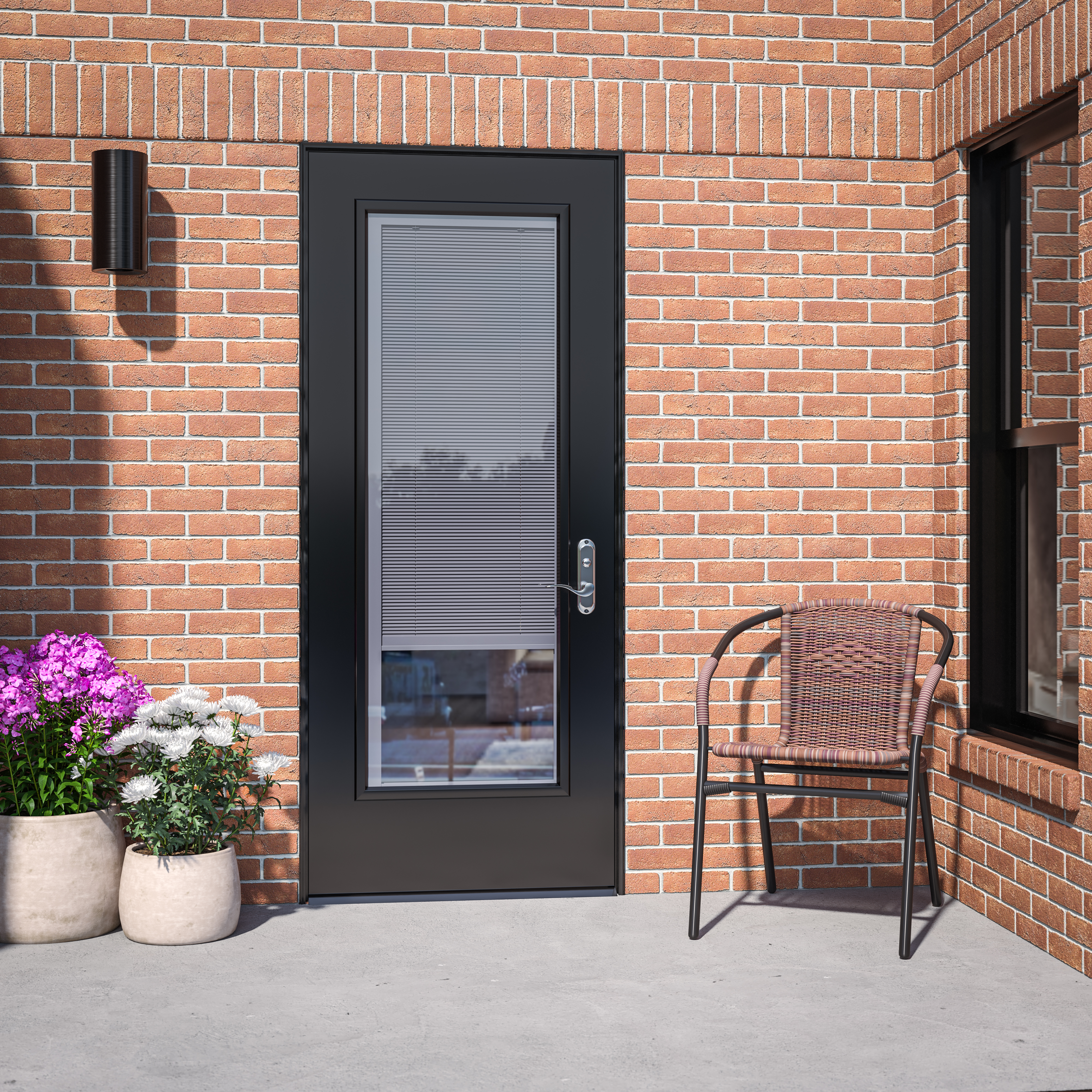 European home with a full lite door style and enclosed blinds glass, prefinished in Symphony