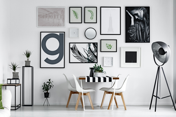 A black and white modern gallery wall