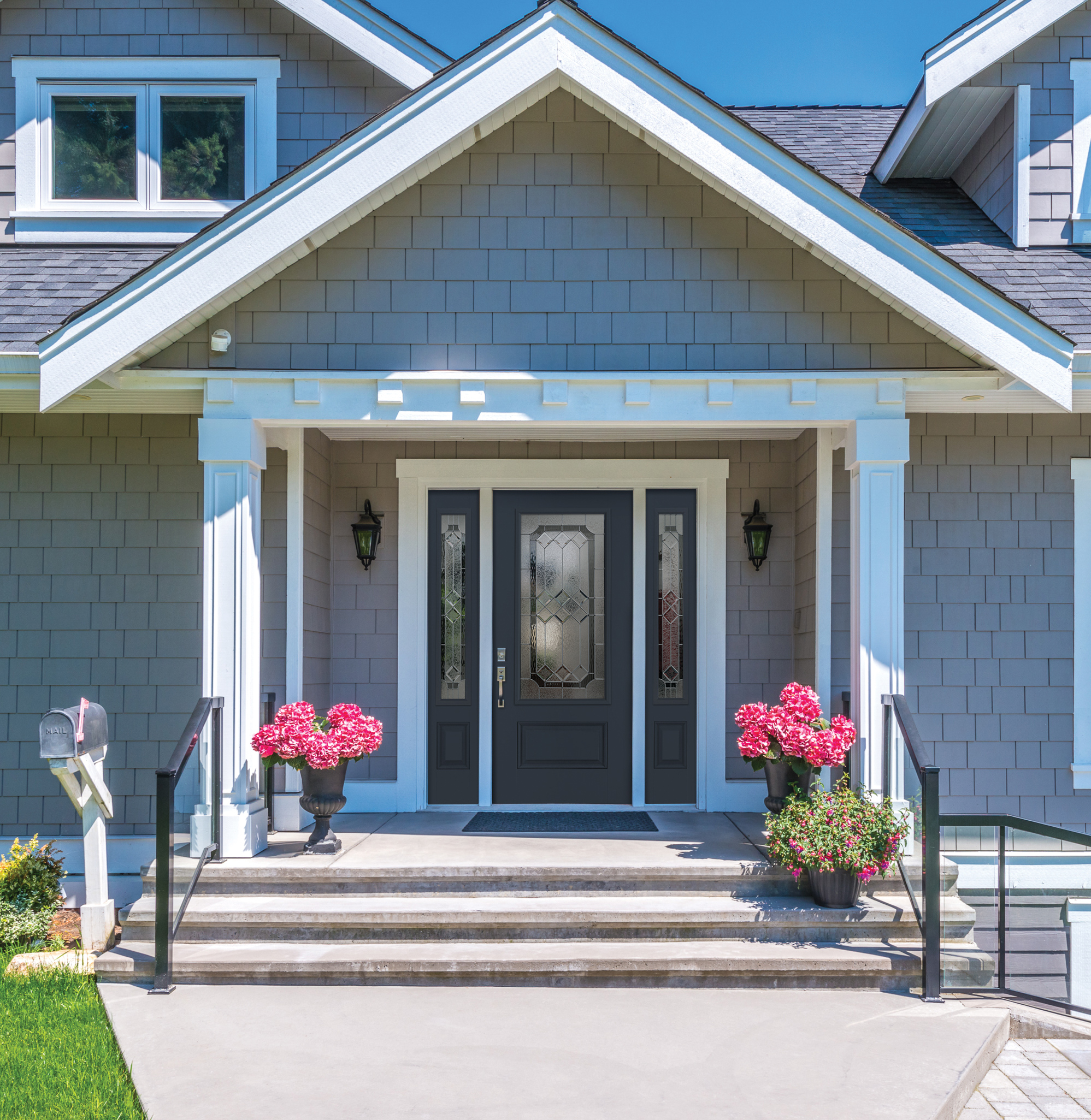 1 panel 3/4 lite smooth entry door and full sidelites in smoke with matching majestic glass