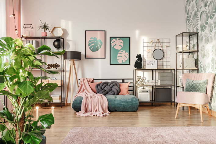 A botanical-themed home interior accented with Peach Fuzz, the 2024 Color of the Year