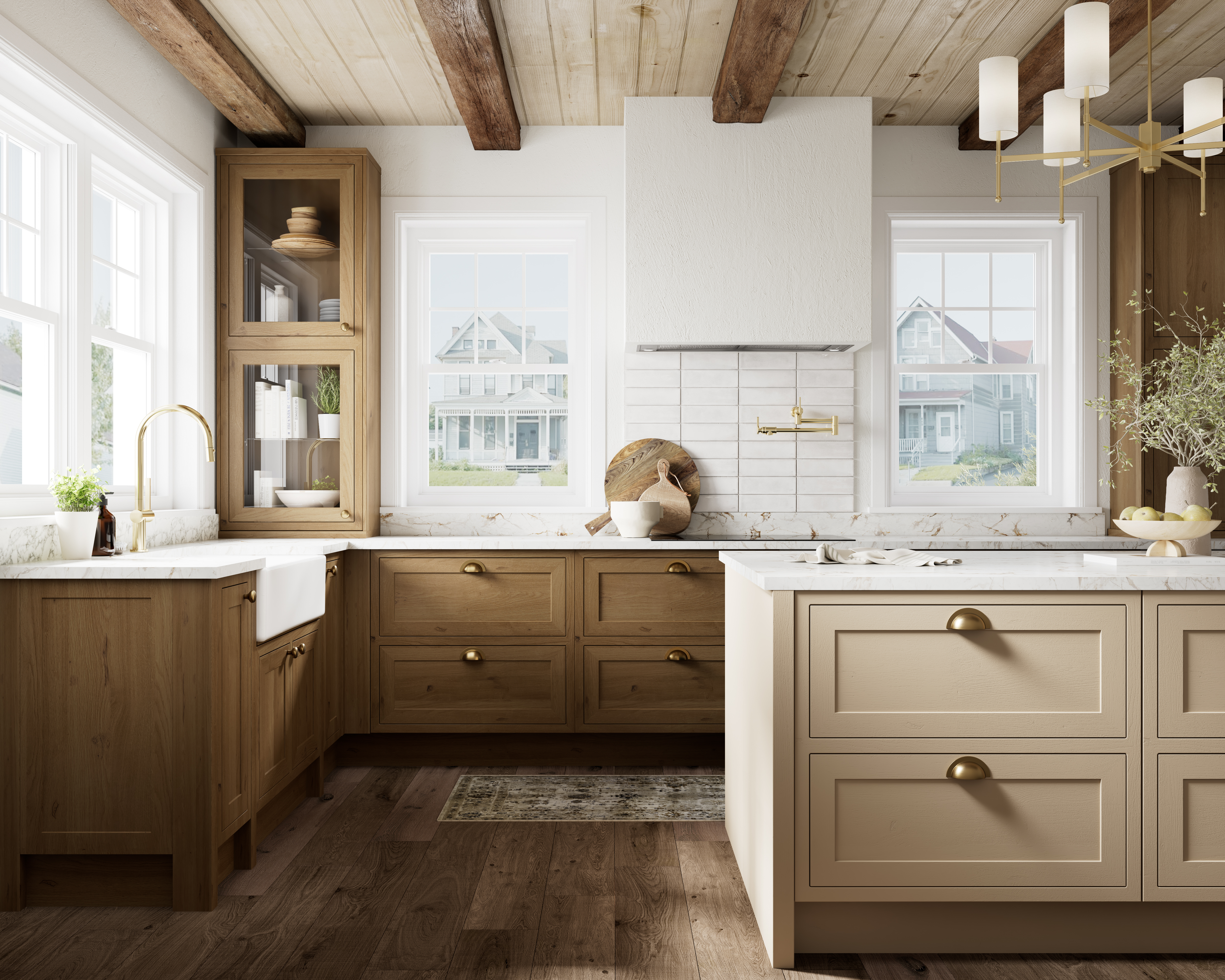 White wood-clad double-hung windows in a large, open kitchen.