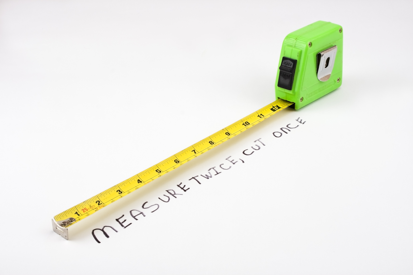 measuring tape with the words measure twice, cut once underneath it