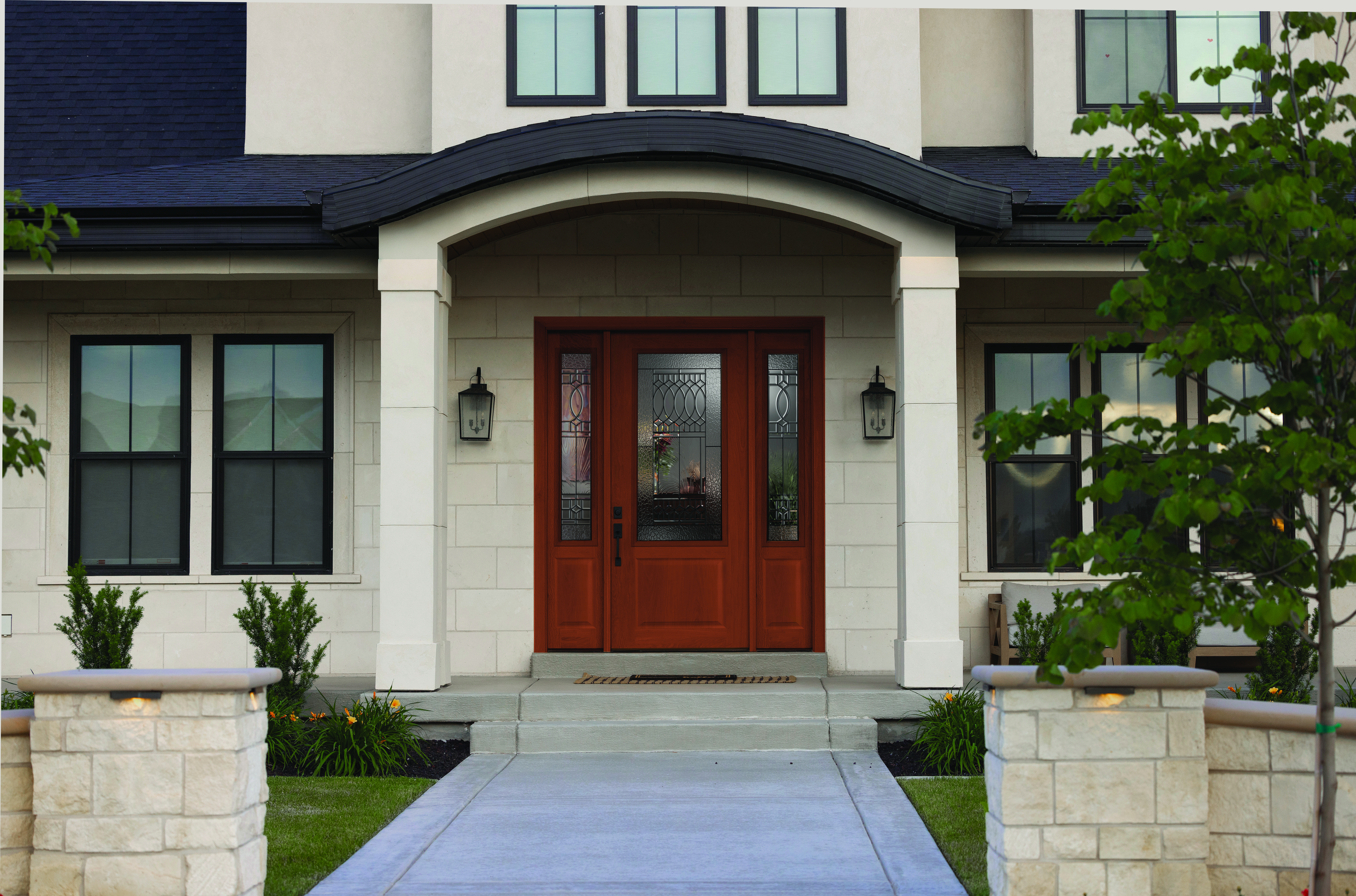 2 panel 3/4 lite woodgrain entry door with Paris decorative glass and 3/4 sidelites
