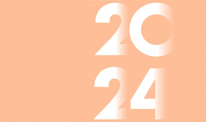 A graphic of 2024 in white, fading into a solid peach fuzz background, the Pantone Color<br>of the Year