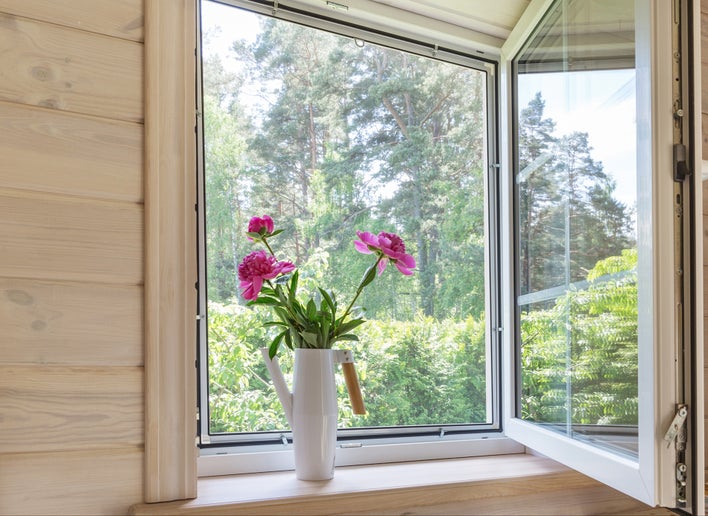 An open casement window, protected by a window screen with a vase of flowers on the sill.