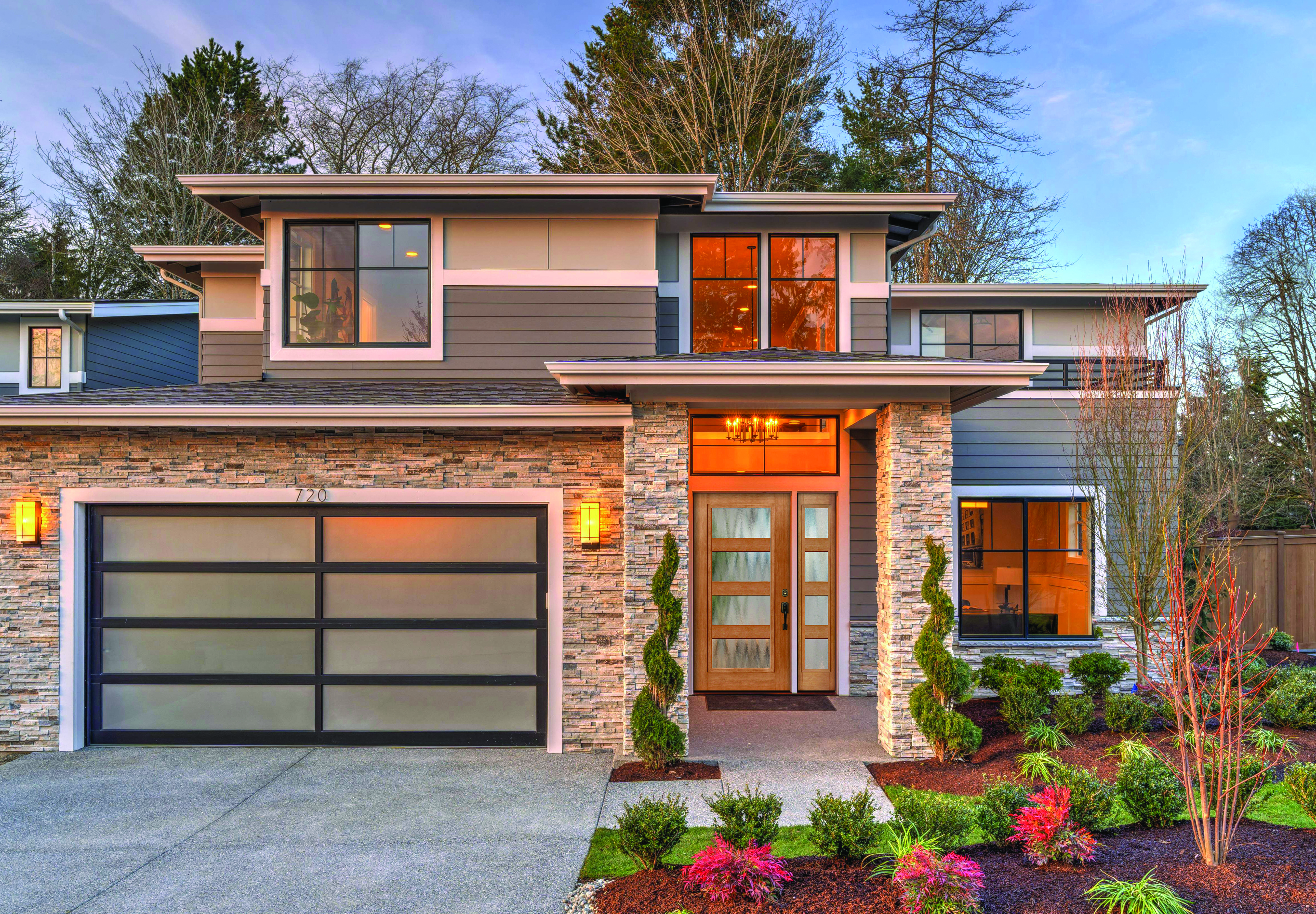 Premium Textured Fiberglass door in Fir, with a Full-Lite door style and Contemporary Simulated Divided Lites with Chinchilla glass, prefinished in Light Oak, and with Schlage Camelot handleset in Matte Black