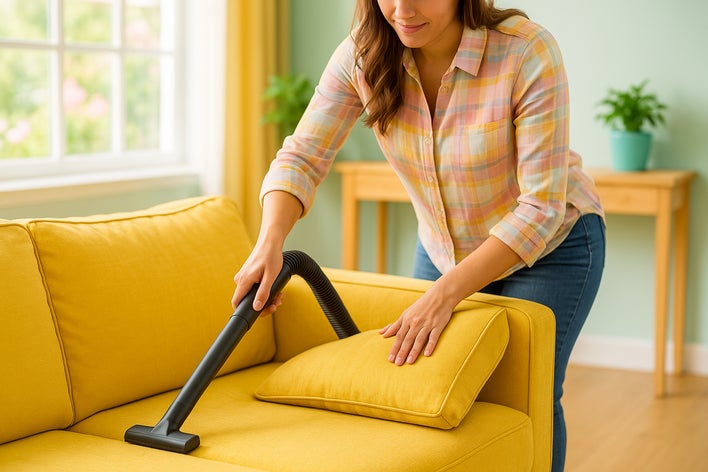 Woman vacuums couch