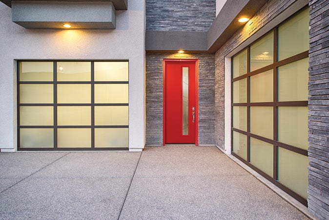 A Ruby Red Therma-Tru® Pulse ®Modern Entry Door with satin etch