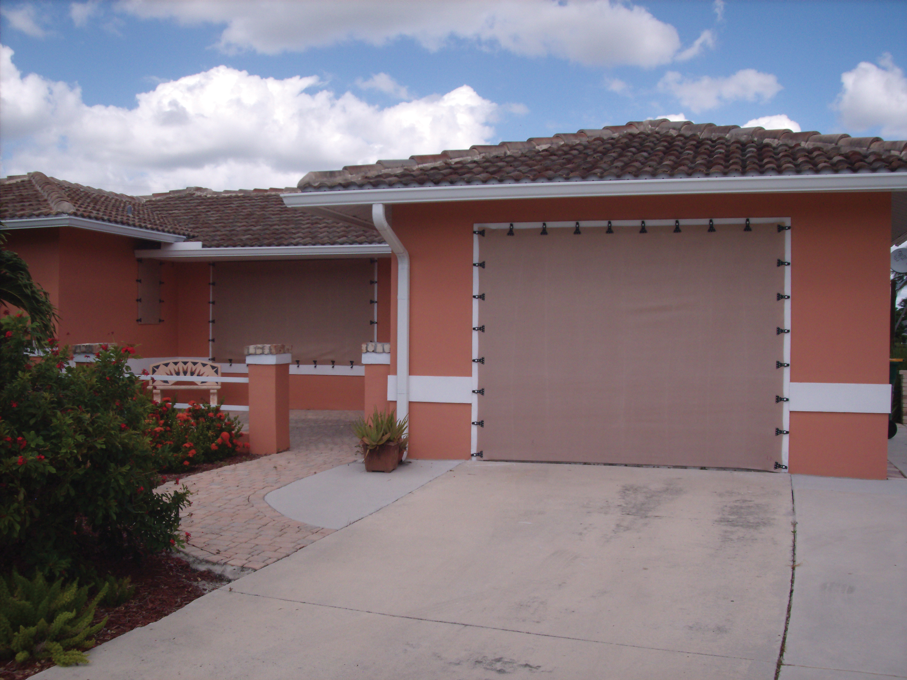 Tan Fabric Panels covering a garage door and windows