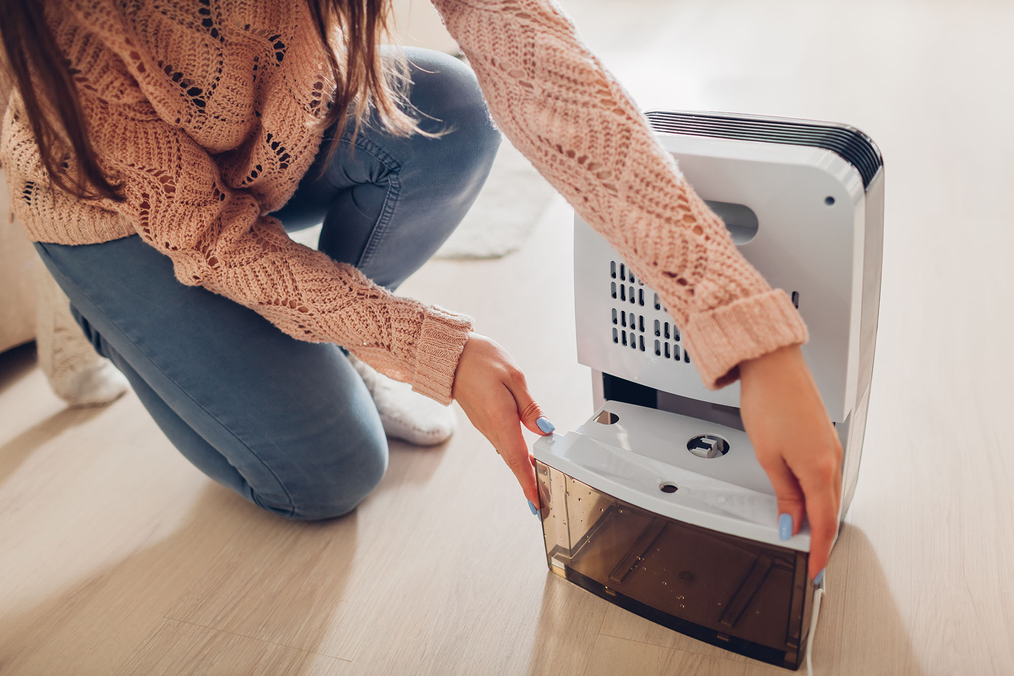 Woman setting up a dehumidifier in her home to reduce condensation on interior windows.