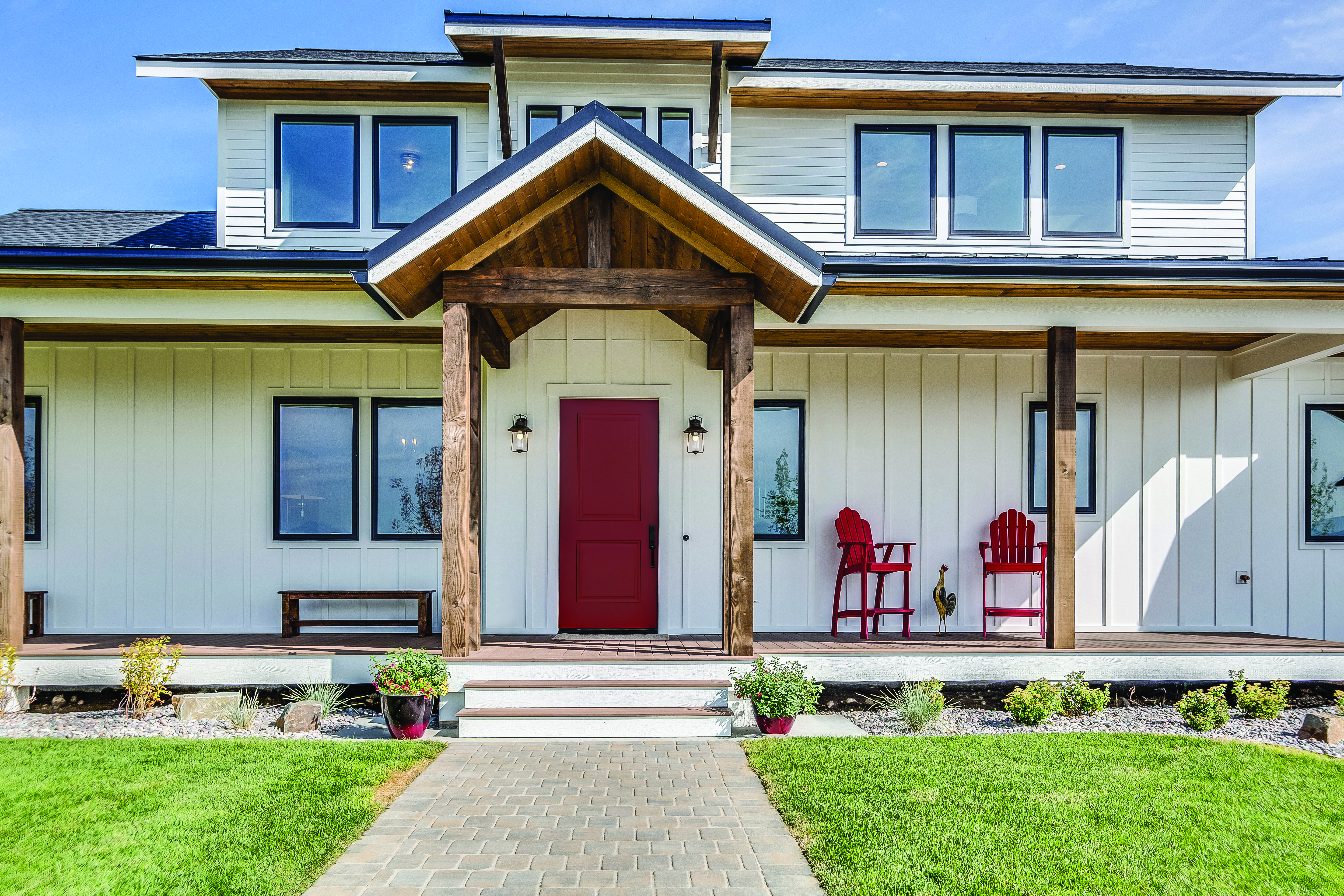 Red Brushed smooth fiberglass entry door, in a 2-panel style