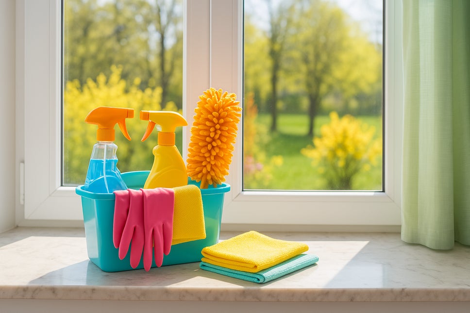 Cleaning products in front of a window.