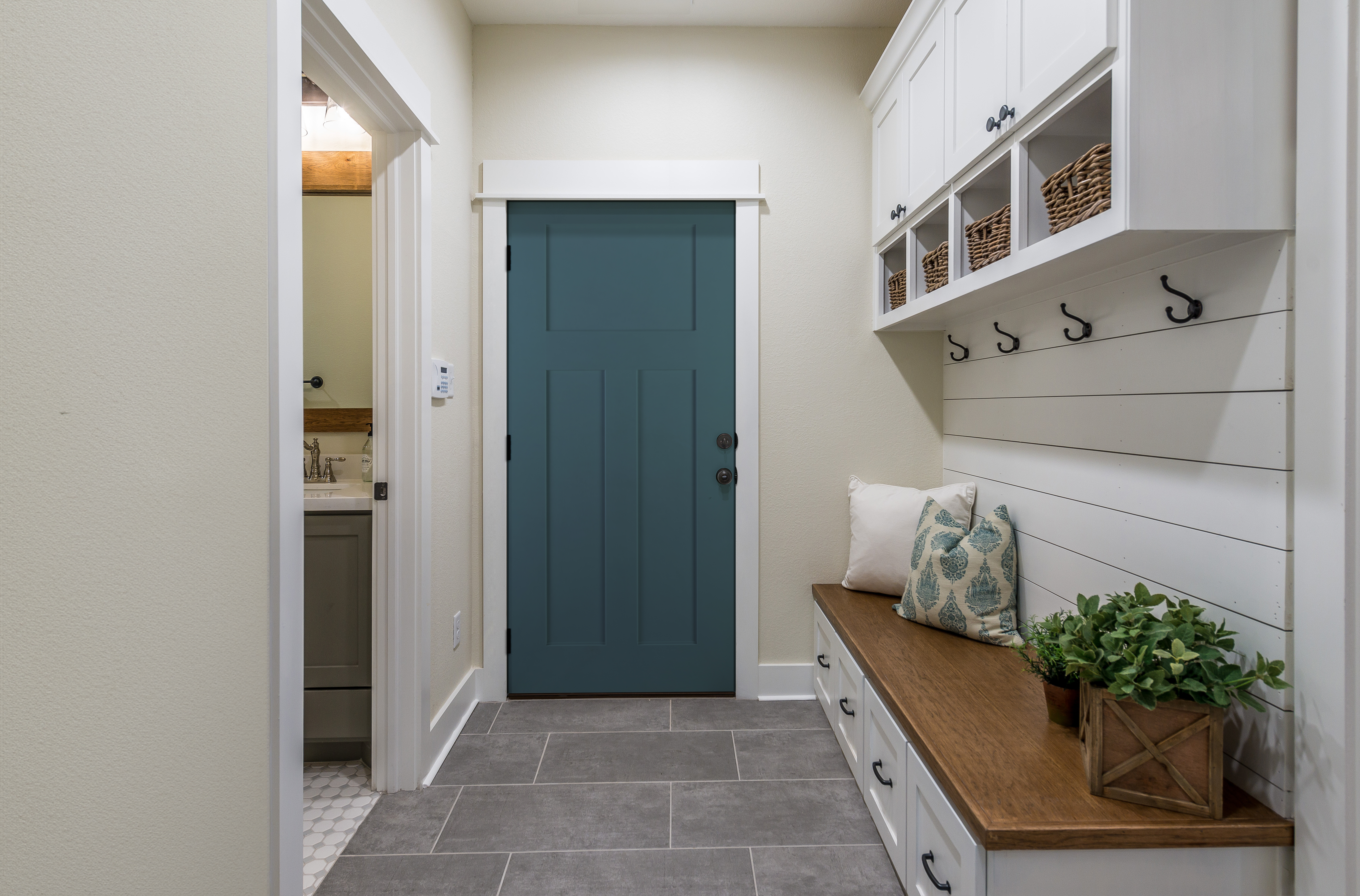 Brushed smooth fiberglass entry door, in a  3-panel flat shaker style