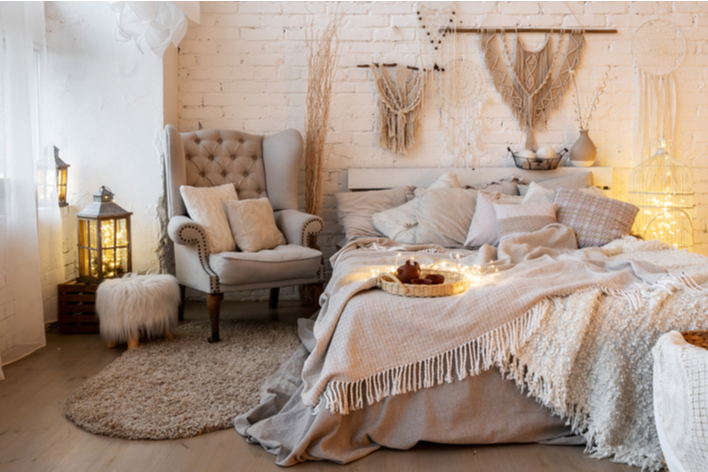 Neutral colored boho chic bedroom