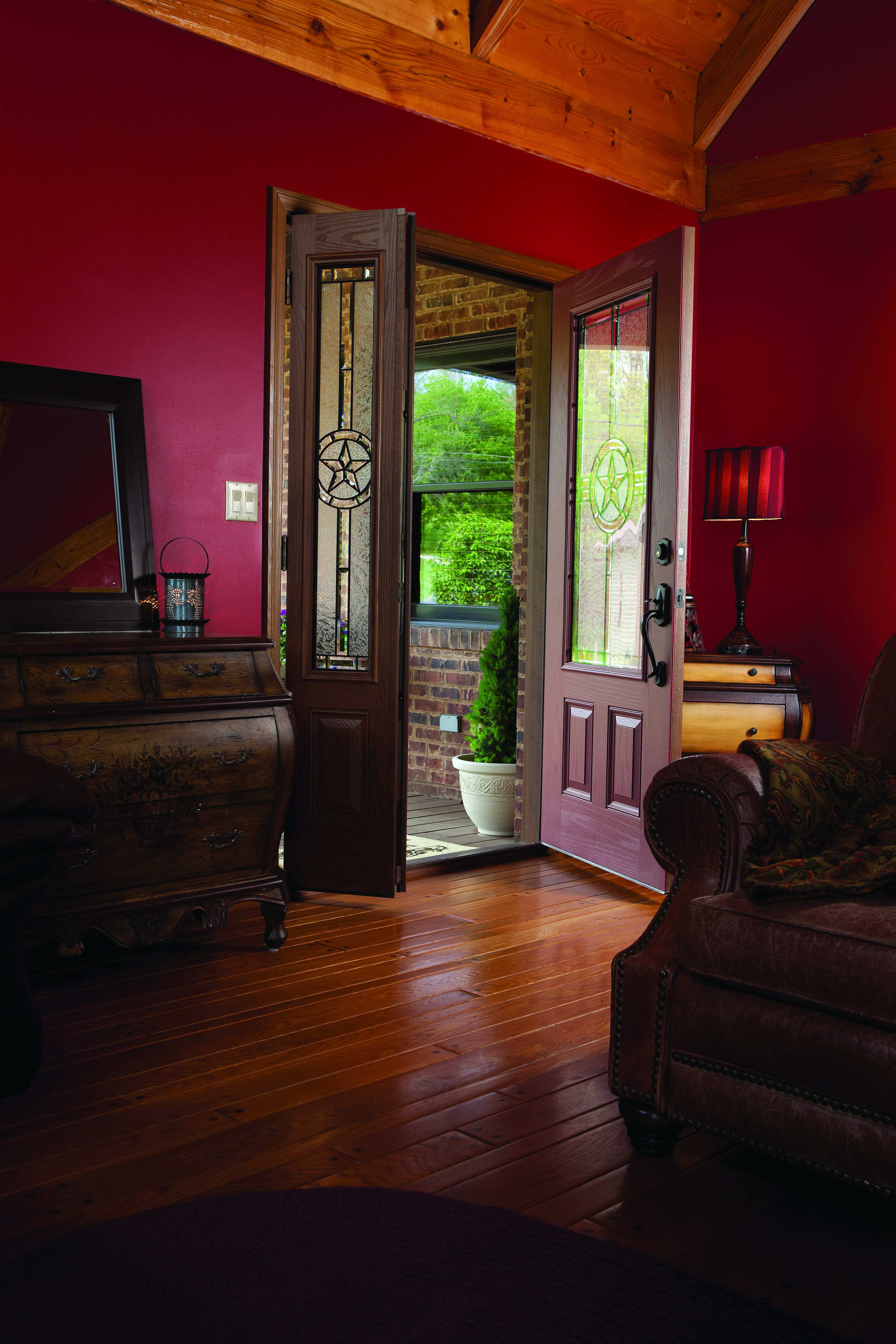 2 panel 3/4 lite woodgrain entry door in mesa red with elegant star glass with 3/4 operating sidelites