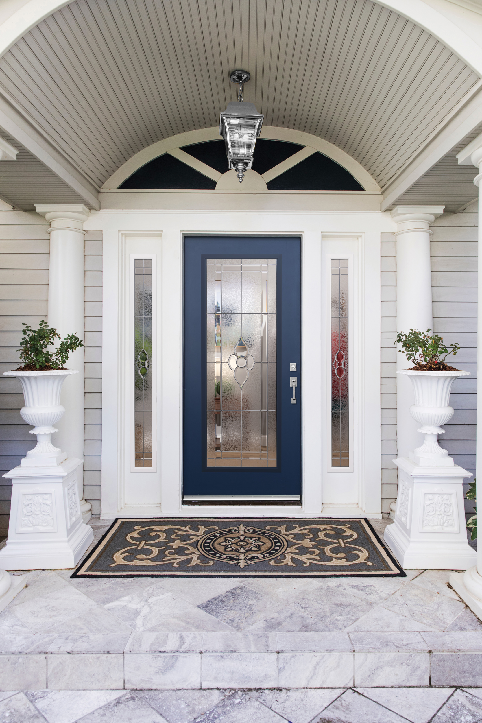full lite smooth entry door in enzian blue with full sidelites in white and matching nouveau glass