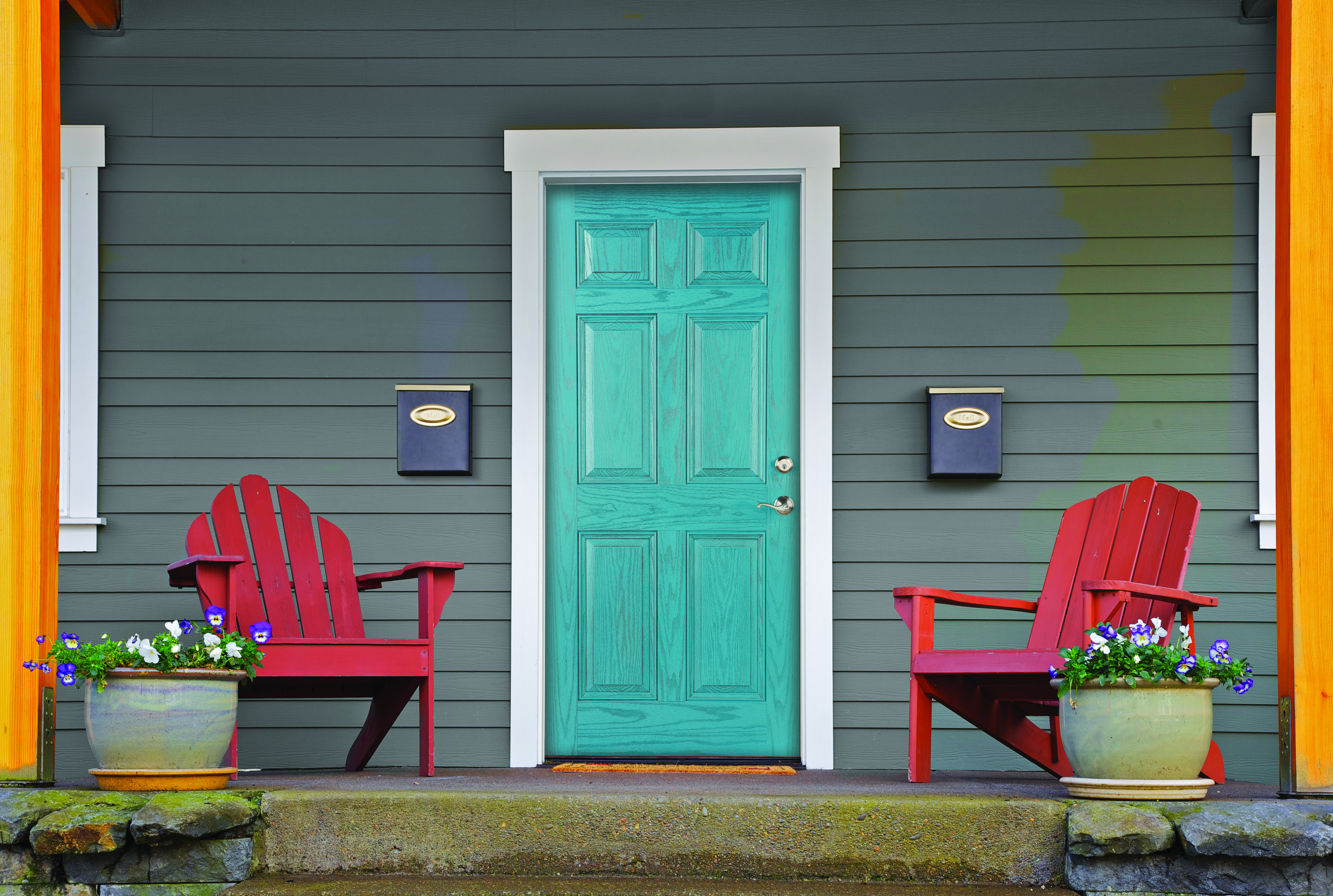 6 panel woodgrain entry door in oak grain finish with triton stain. Flair level and deadbolt in satin nickel