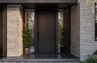 Contemporary home with a brushed smooth fiberglass entry door, in a 3-panel horizontal style, prefinished in the color symphony