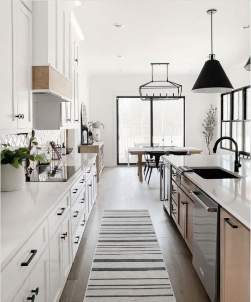 A white kitchen with black accents throughout