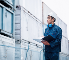 Un uomo in piedi di fronte a dei container programma la loro spedizione