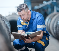 Man who makes notes in the tire store