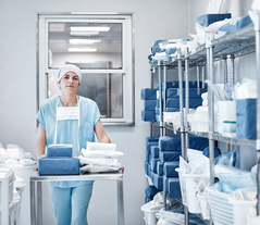 Woman picking clothing in a hospital